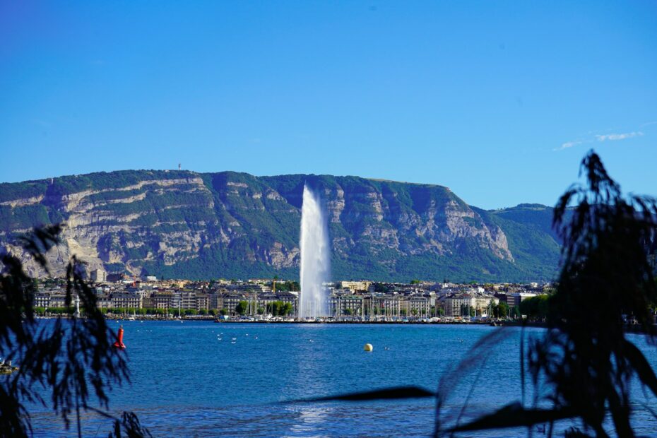 a large fountain in a lake
